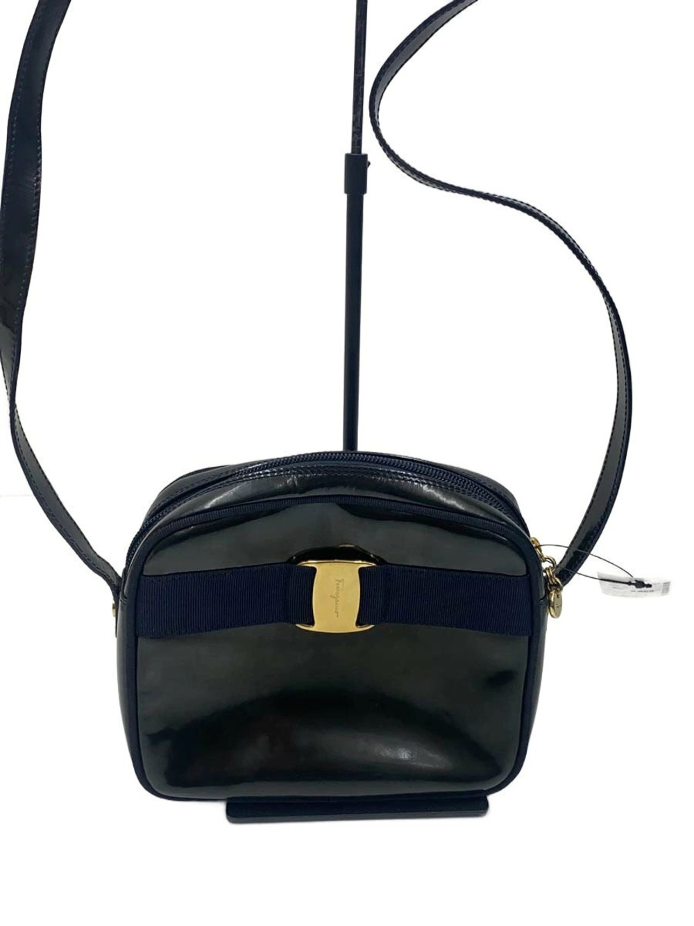 Salvatore Ferragamo Vara Crossbody Bag in glossy black patent leather Black